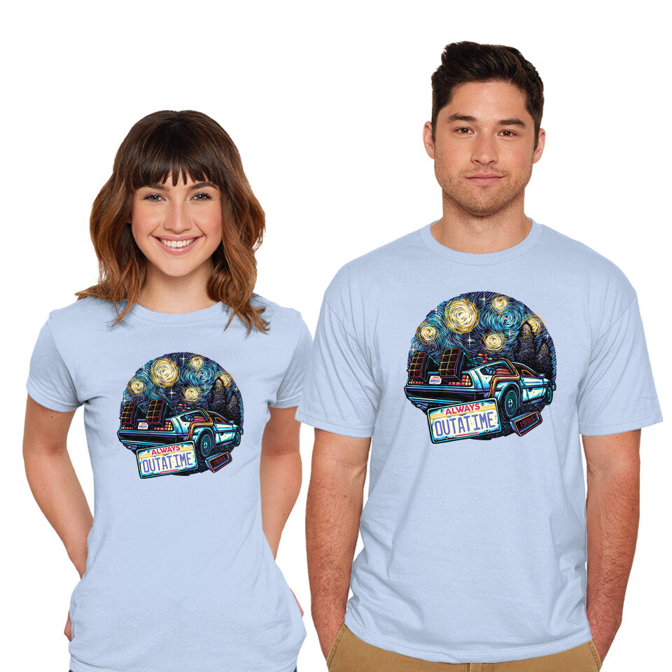 Model wearing blue Always Outatime – Sci-Fi Graphic T-Shirt