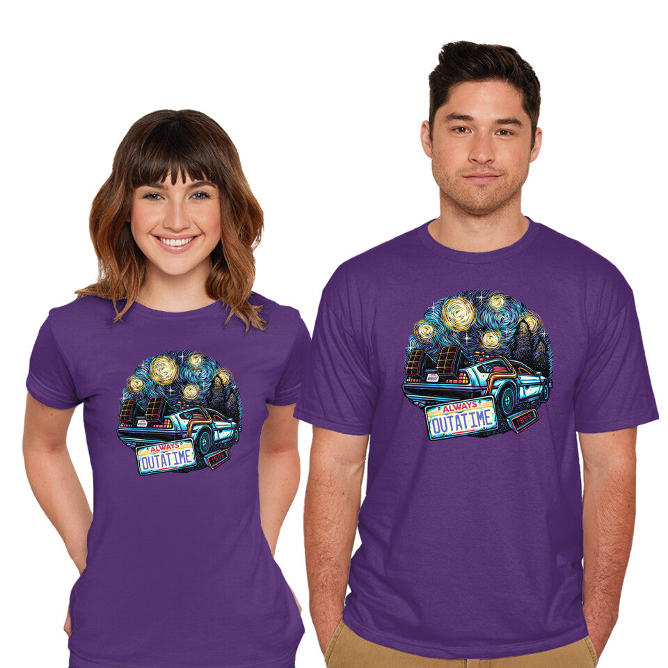 Model wearing purple Always Outatime – Sci-Fi Graphic T-Shirt