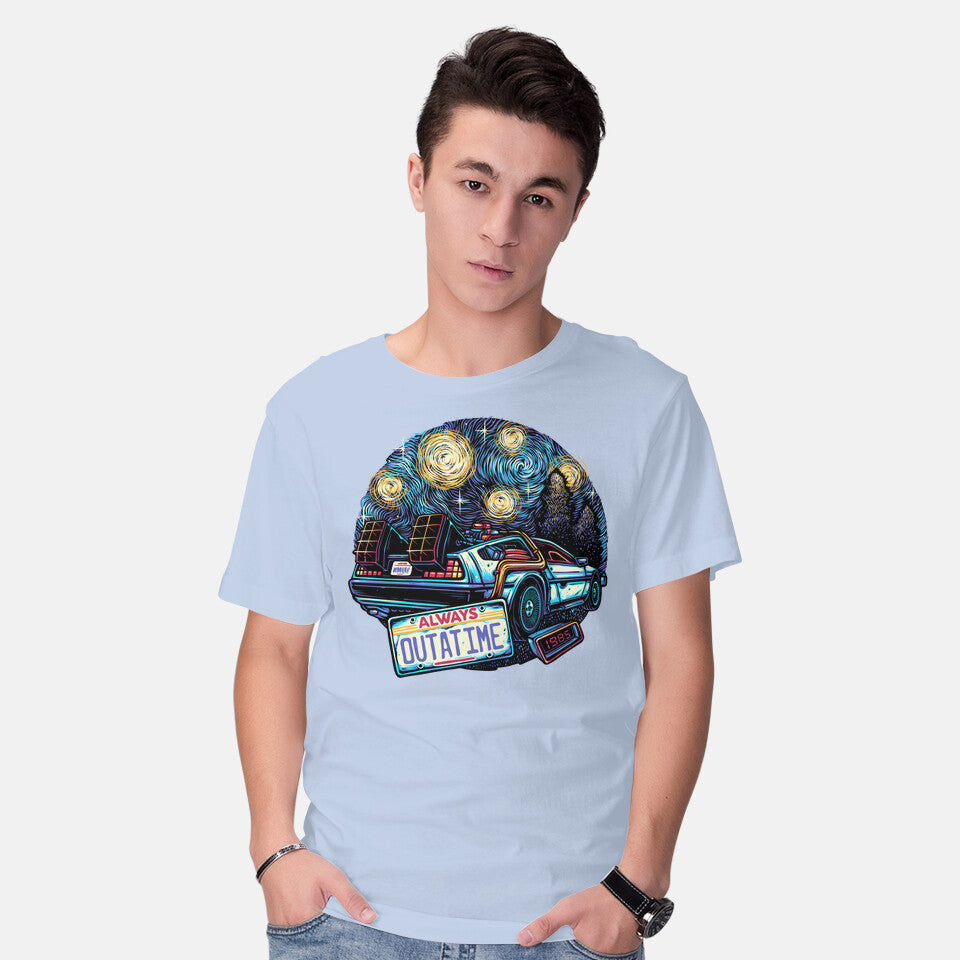 Model wearing blue Always Outatime – Sci-Fi Graphic T-Shirt