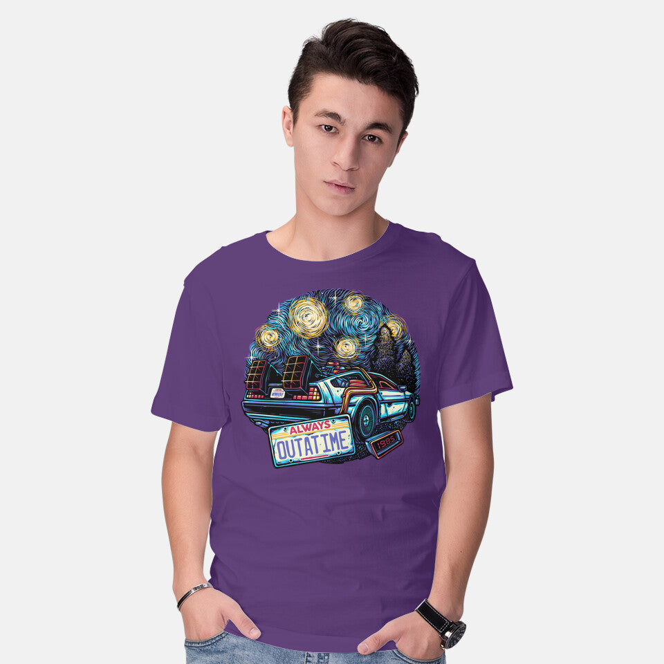 Model wearing purple Always Outatime – Sci-Fi Graphic T-Shirt