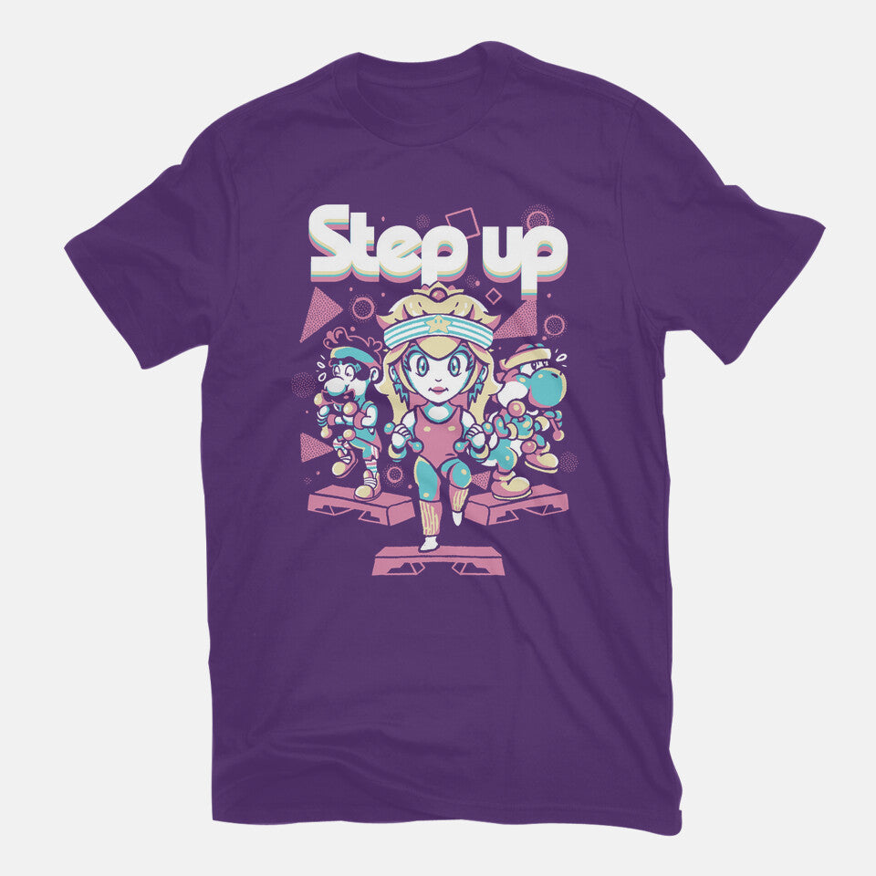 Step Up Peach – Gaming Graphic T-Shirt in purple, flat-lay product view