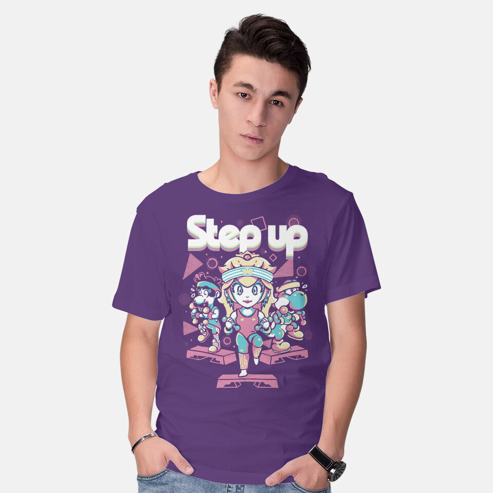 Model wearing purple Step Up Peach – Gaming Graphic T-Shirt