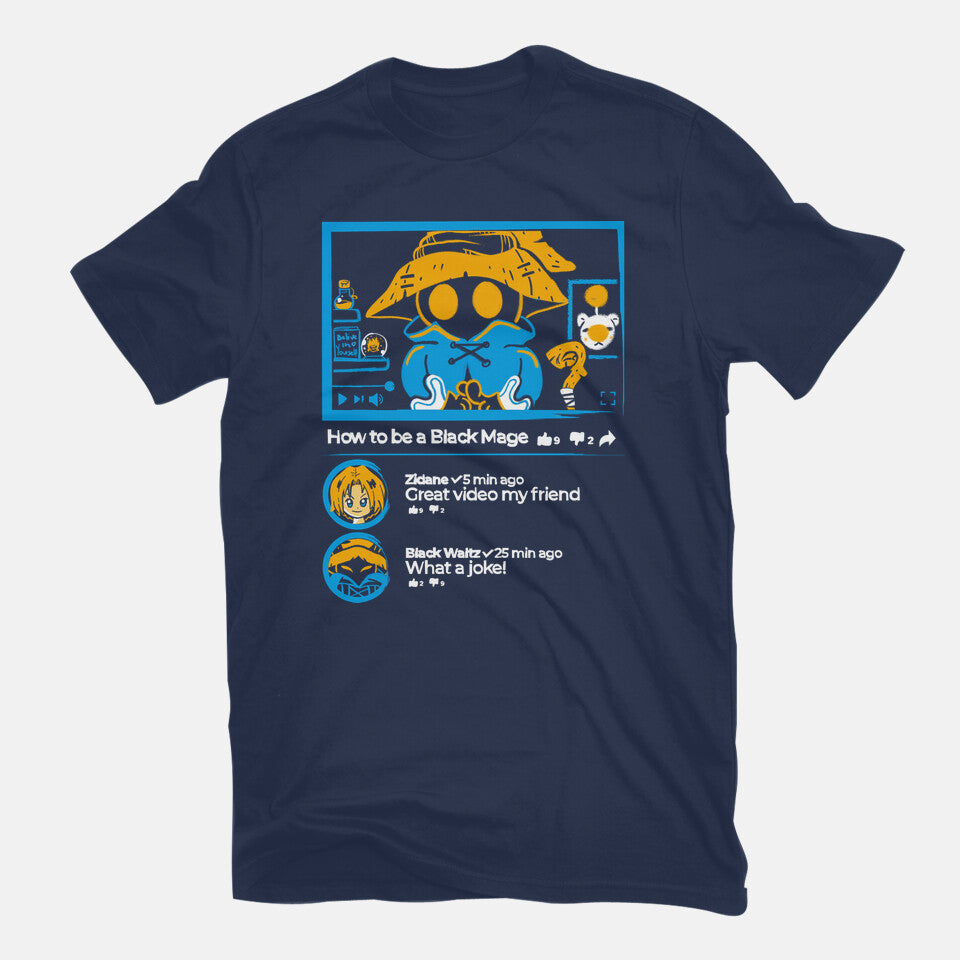 How To Be A Black Mage – Gaming Graphic T-Shirt in navy, flat-lay product view