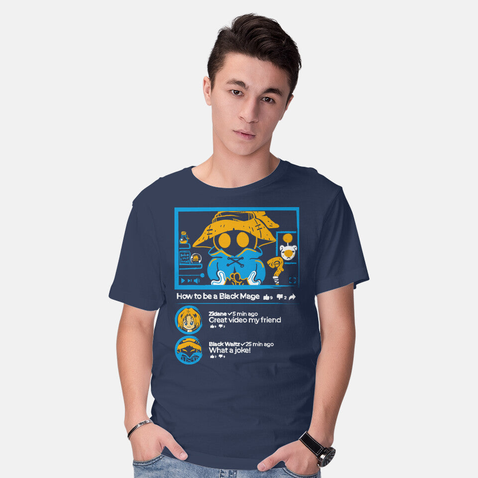 Model wearing navy How To Be A Black Mage – Gaming Graphic T-Shirt