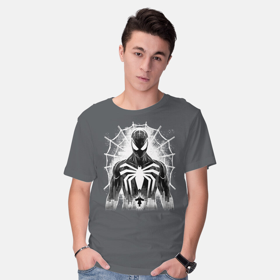 Model wearing charcoal Spider Noir Graphic T-Shirt