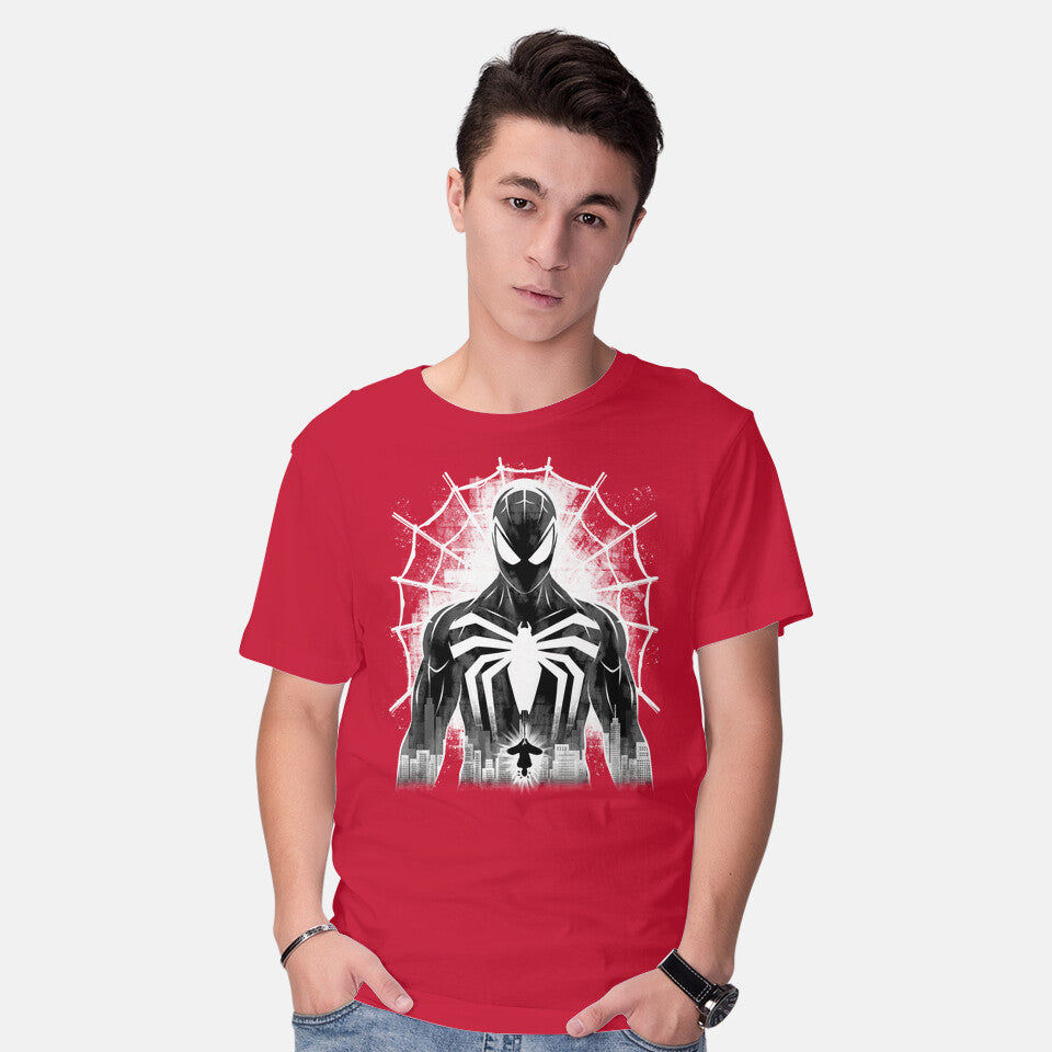 Model wearing red Spider Noir Graphic T-Shirt