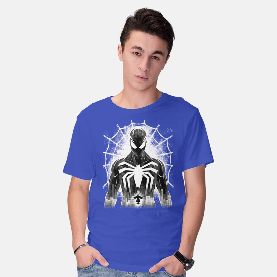 Model wearing royal blue Spider Noir Graphic T-Shirt