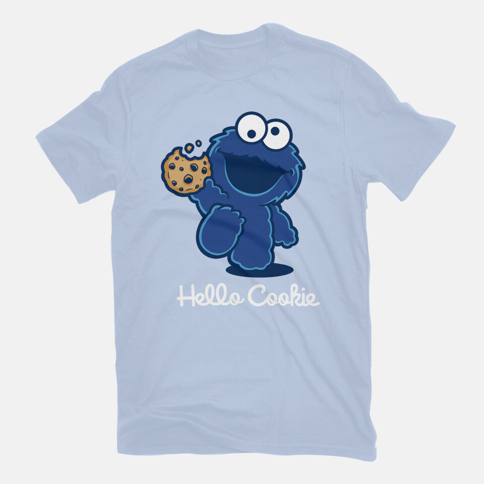Hello Cookie – Funny Graphic T-Shirt in blue, flat-lay product view