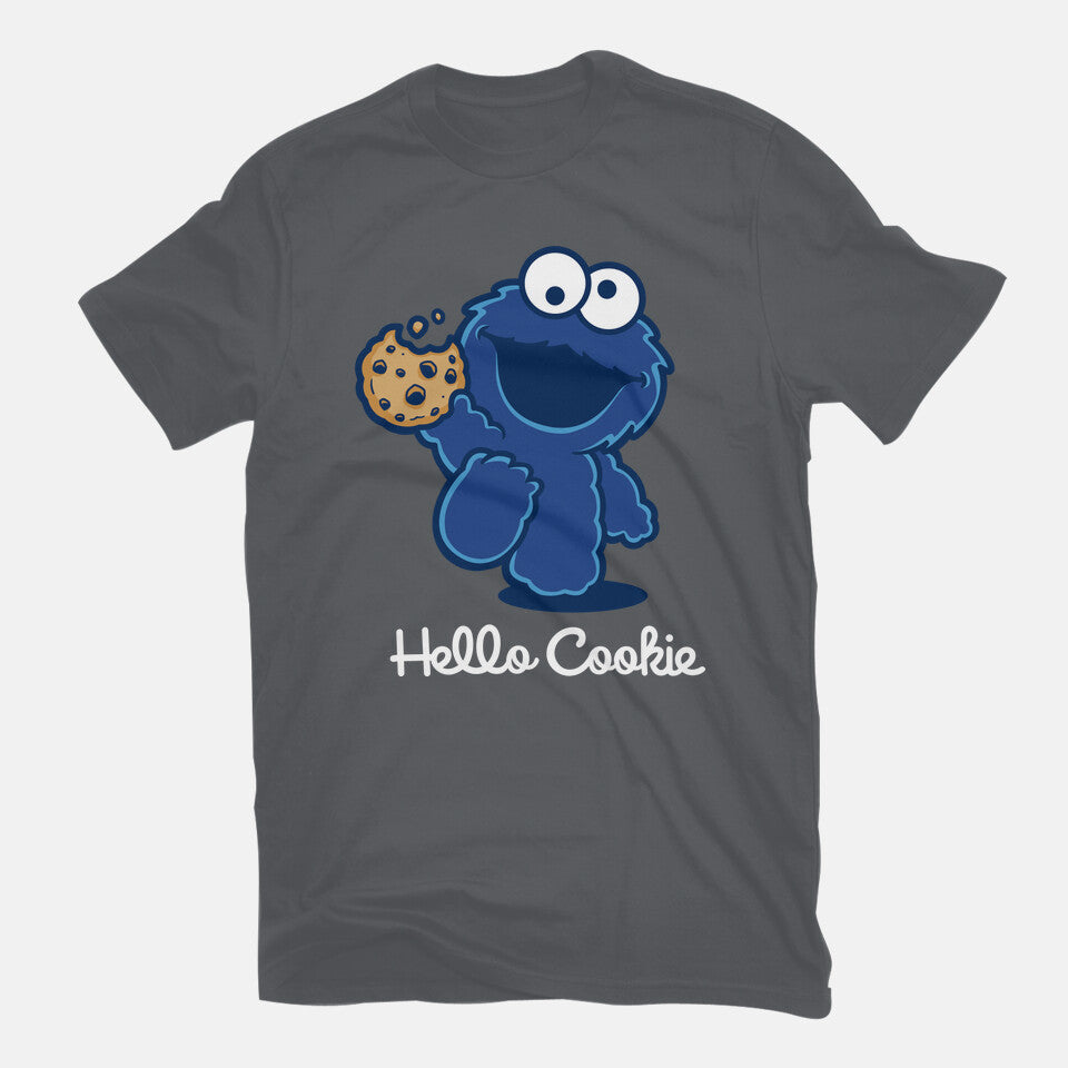 Hello Cookie – Funny Graphic T-Shirt in charcoal, flat-lay product view