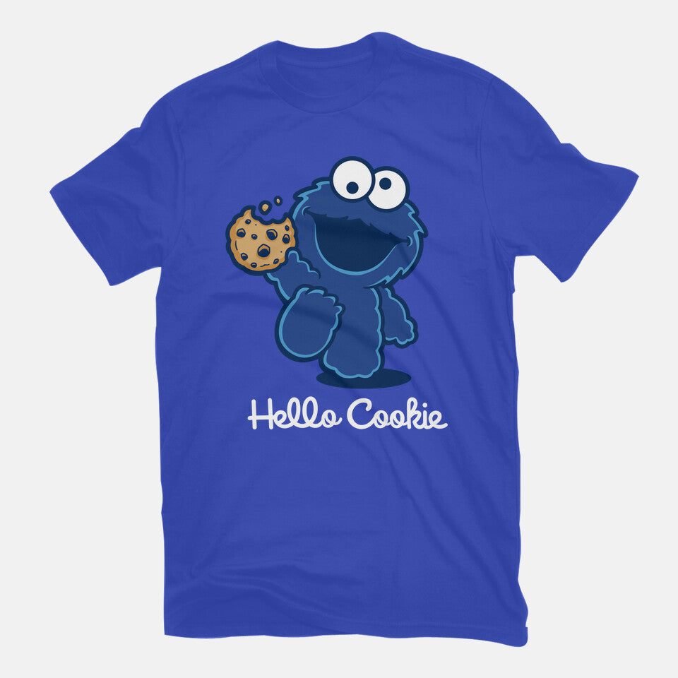 Hello Cookie – Funny Graphic T-Shirt in royal blue, flat-lay product view