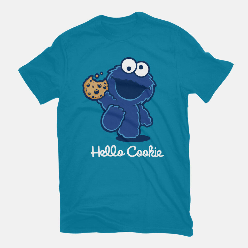 Hello Cookie – Funny Graphic T-Shirt in turquoise, flat-lay product view