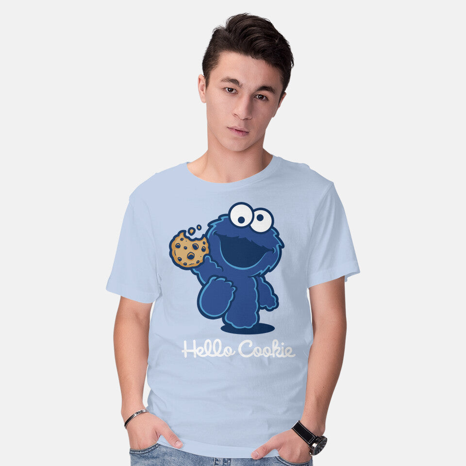 Model wearing blue Hello Cookie – Funny Graphic T-Shirt