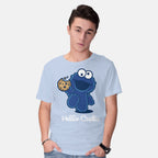 Model wearing blue Hello Cookie – Funny Graphic T-Shirt
