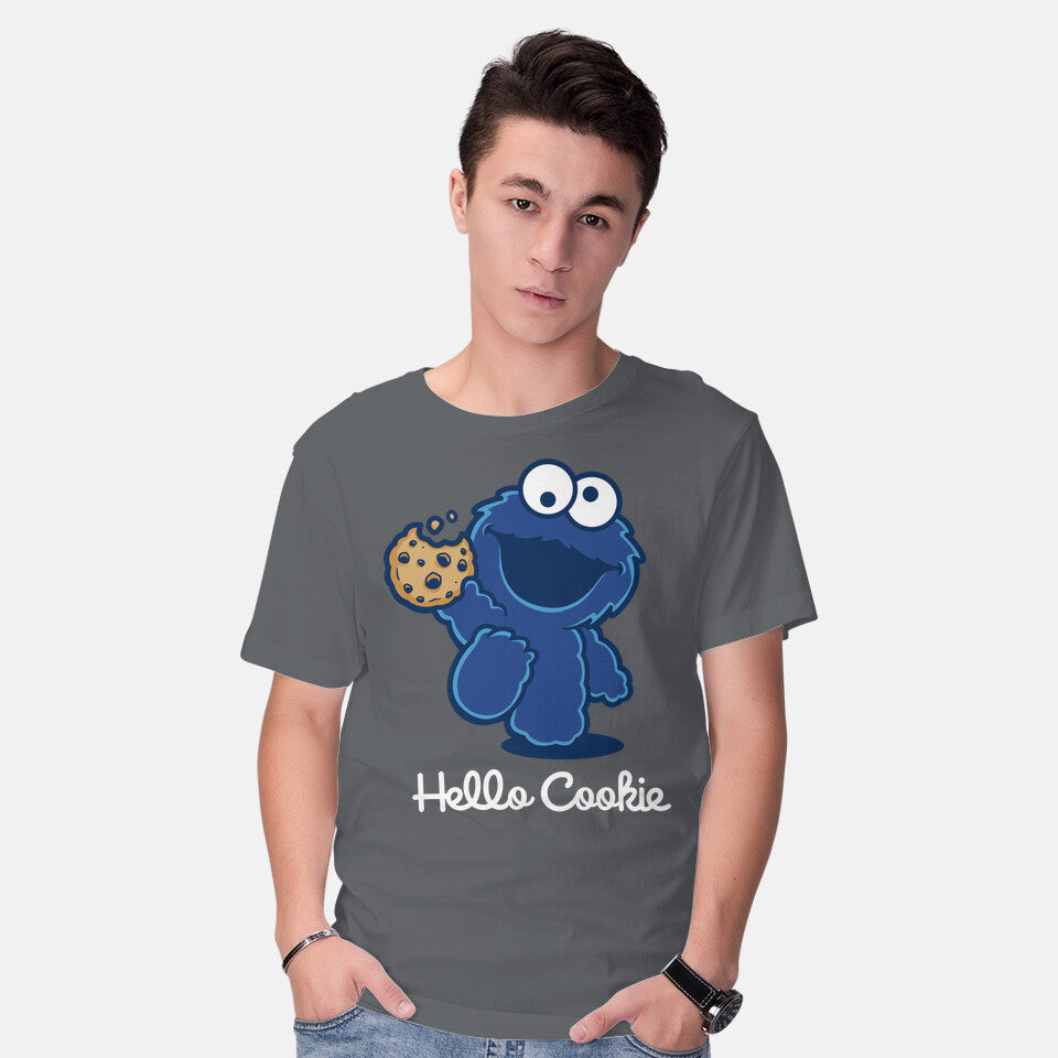 Model wearing charcoal Hello Cookie – Funny Graphic T-Shirt
