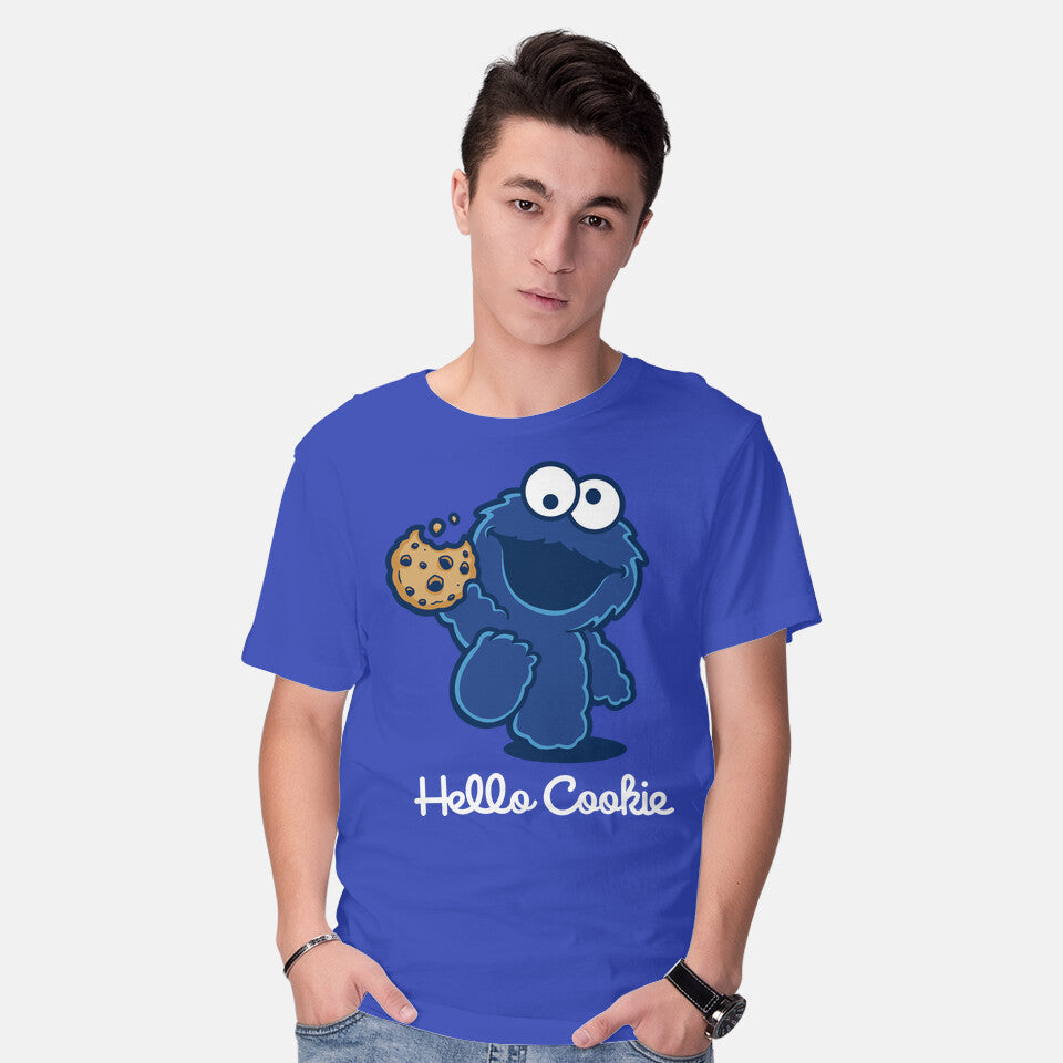Model wearing royal blue Hello Cookie – Funny Graphic T-Shirt