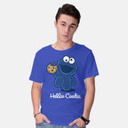 Model wearing royal blue Hello Cookie – Funny Graphic T-Shirt