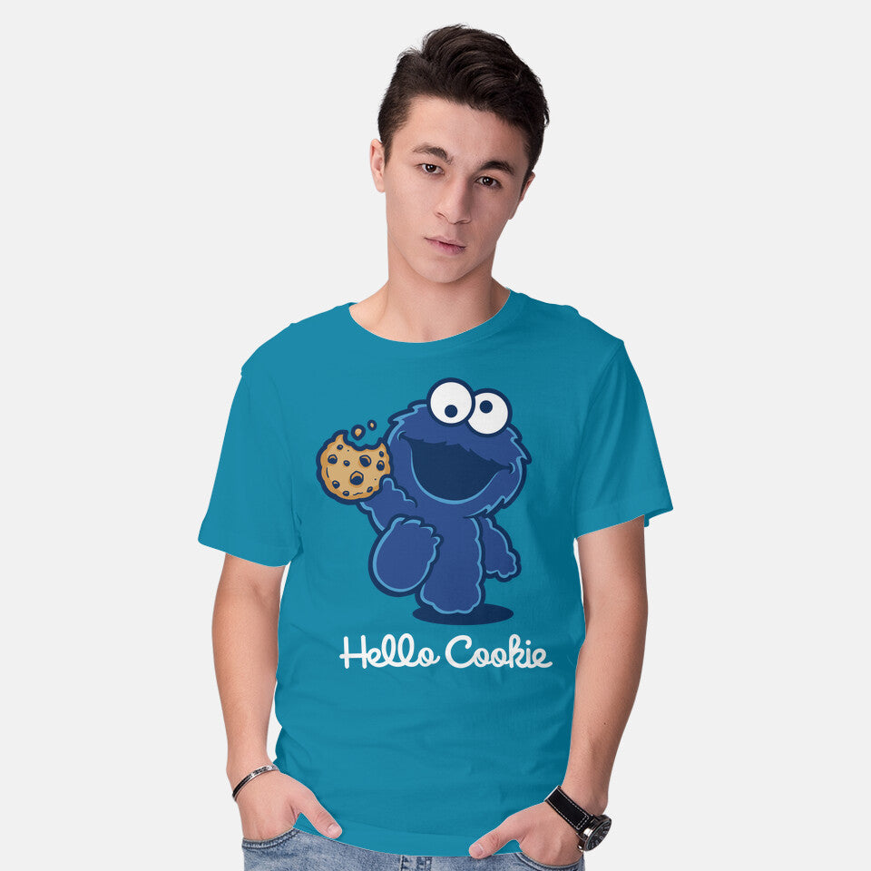 Model wearing turquoise Hello Cookie – Funny Graphic T-Shirt