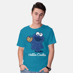 Model wearing turquoise Hello Cookie – Funny Graphic T-Shirt