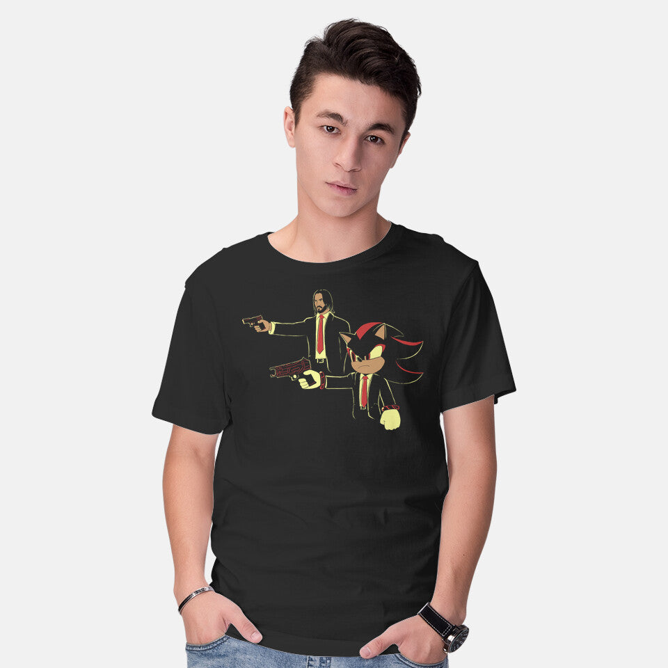 Model wearing black Shadowick Fiction – Gaming Graphic T-Shirt