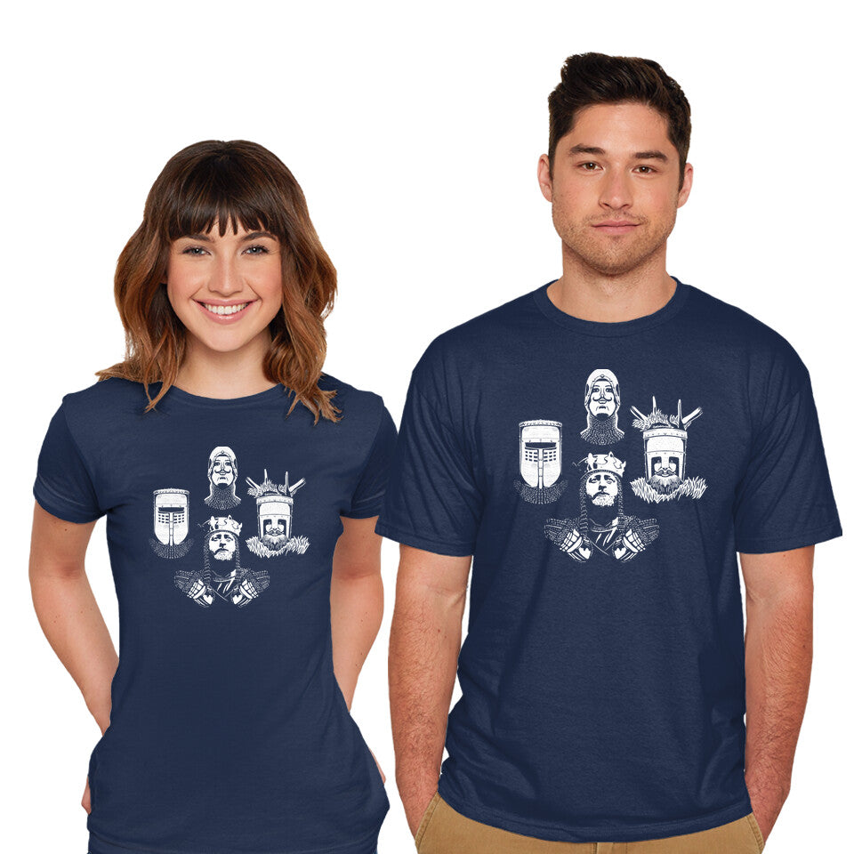 Model wearing navy Knights Rhapsody – Music Graphic T-Shirt