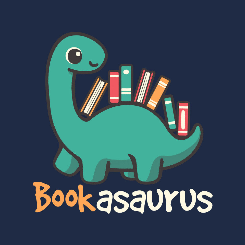 Bookasaurus – Dinosaur Graphic T-Shirt design artwork for navy graphic T-shirt