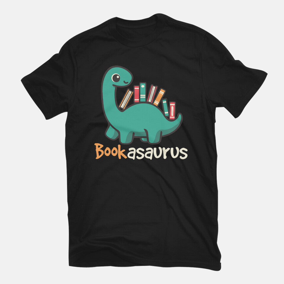 Bookasaurus – Dinosaur Graphic T-Shirt in black, flat-lay product view