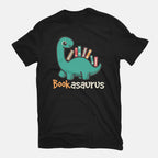 Bookasaurus – Dinosaur Graphic T-Shirt in black, flat-lay product view
