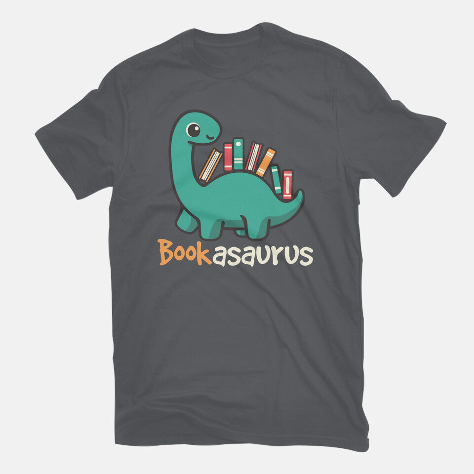 Bookasaurus – Dinosaur Graphic T-Shirt in charcoal, flat-lay product view