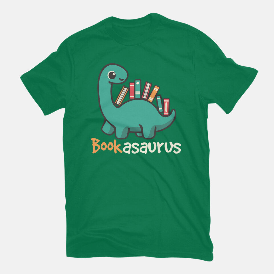 Bookasaurus – Dinosaur Graphic T-Shirt in green, flat-lay product view