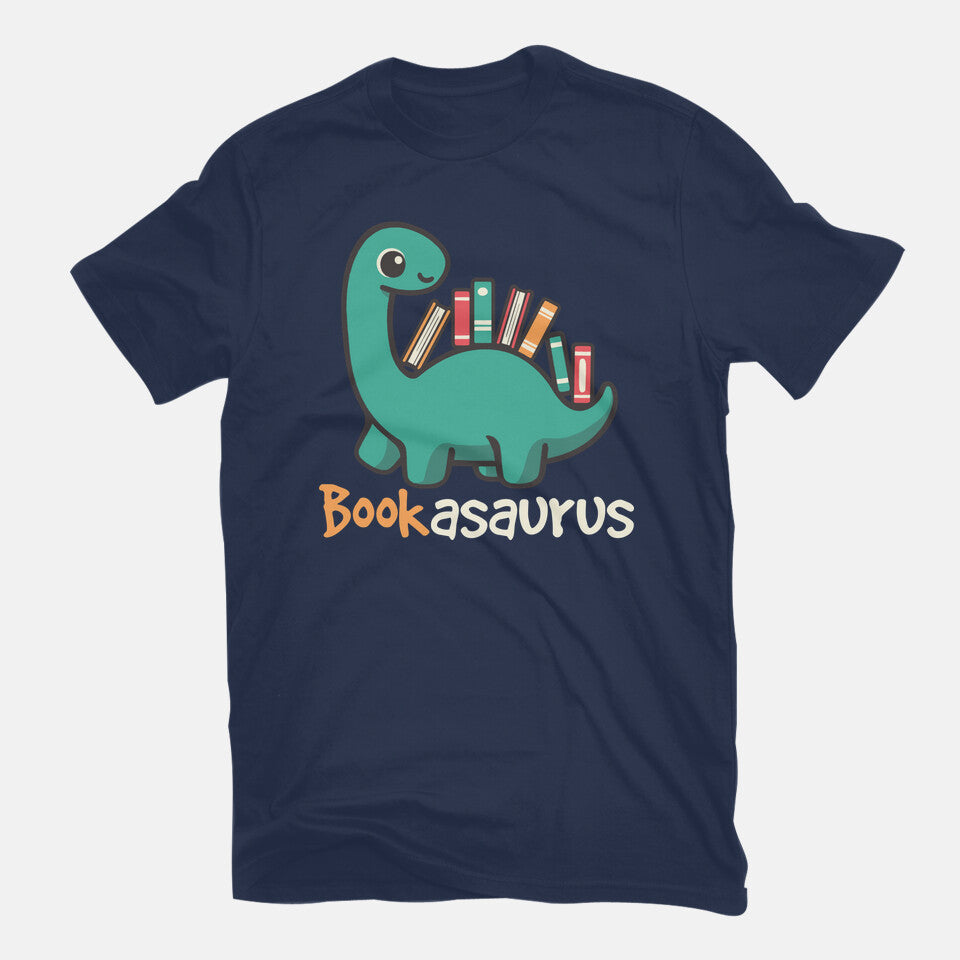 Bookasaurus – Dinosaur Graphic T-Shirt in navy, flat-lay product view