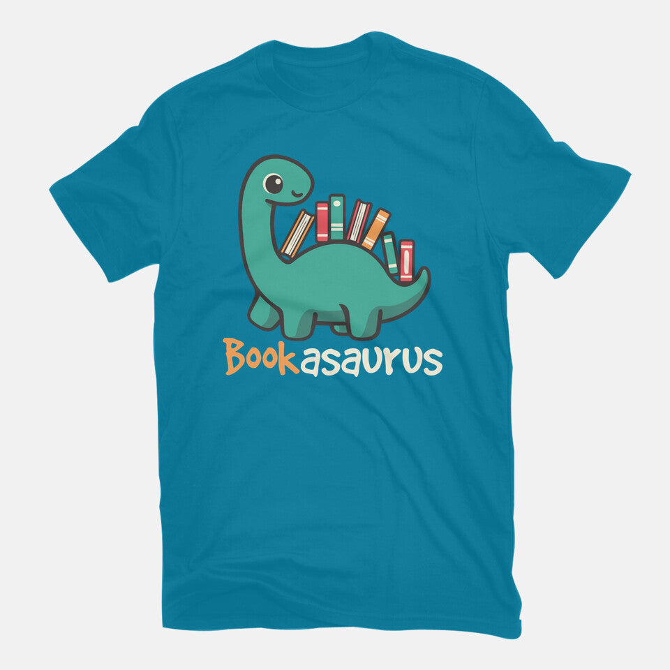 Bookasaurus – Dinosaur Graphic T-Shirt in turquoise, flat-lay product view