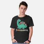 Model wearing black Bookasaurus – Dinosaur Graphic T-Shirt