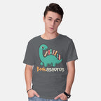 Model wearing charcoal Bookasaurus – Dinosaur Graphic T-Shirt