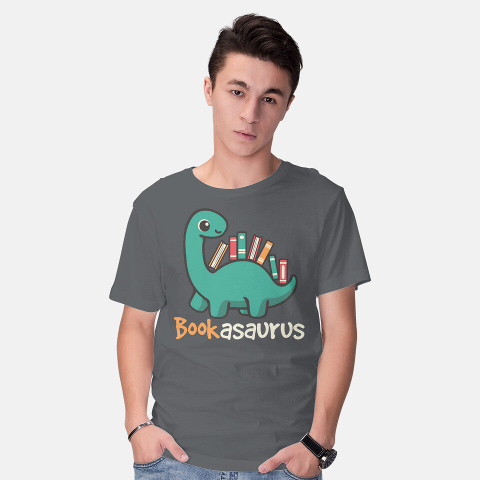 Model wearing charcoal Bookasaurus – Dinosaur Graphic T-Shirt