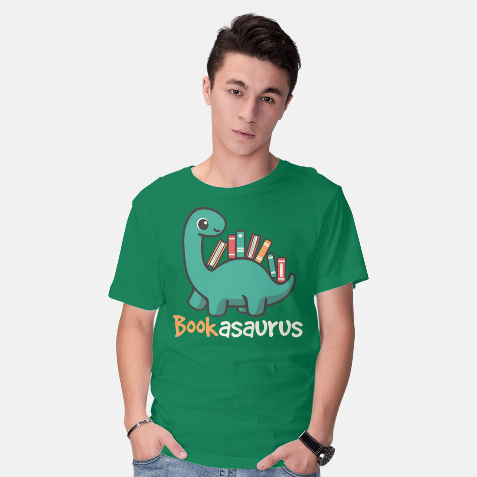 Model wearing green Bookasaurus – Dinosaur Graphic T-Shirt
