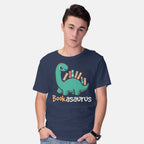 Model wearing navy Bookasaurus – Dinosaur Graphic T-Shirt