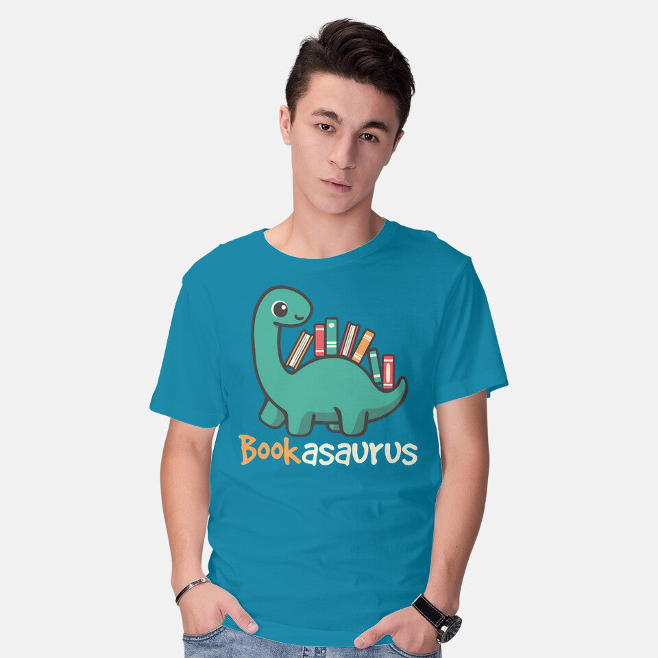 Model wearing turquoise Bookasaurus – Dinosaur Graphic T-Shirt
