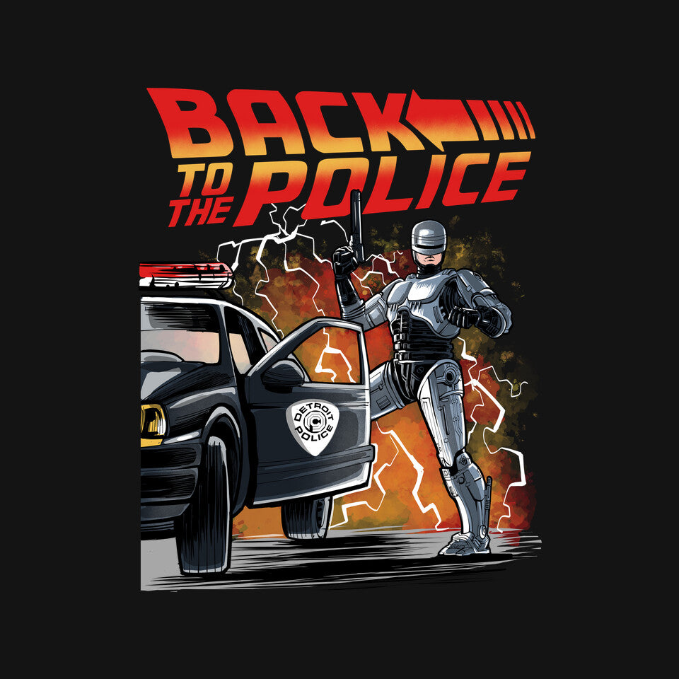 Back To The Police – Movie Graphic T-Shirt design artwork for black graphic T-shirt