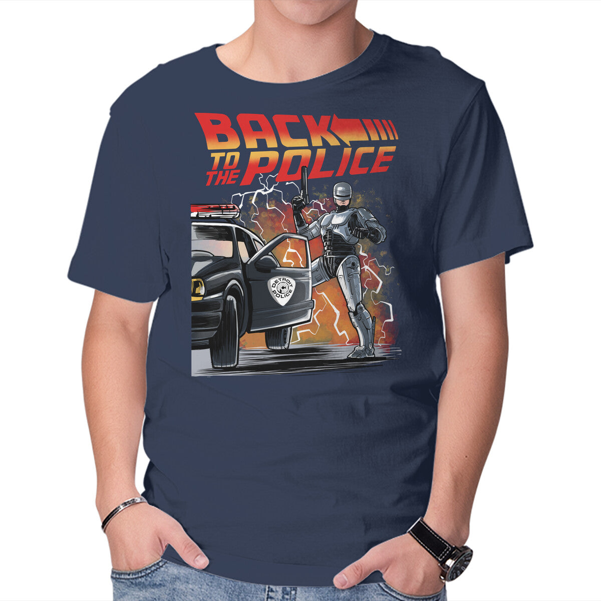 Back To The Police – Movie Graphic T-Shirt in navy, product display