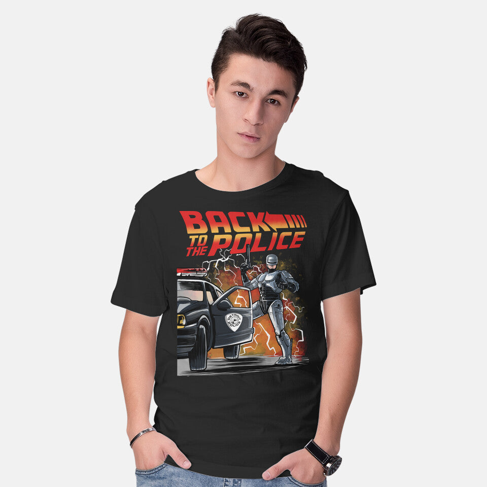 Model wearing black Back To The Police – Movie Graphic T-Shirt