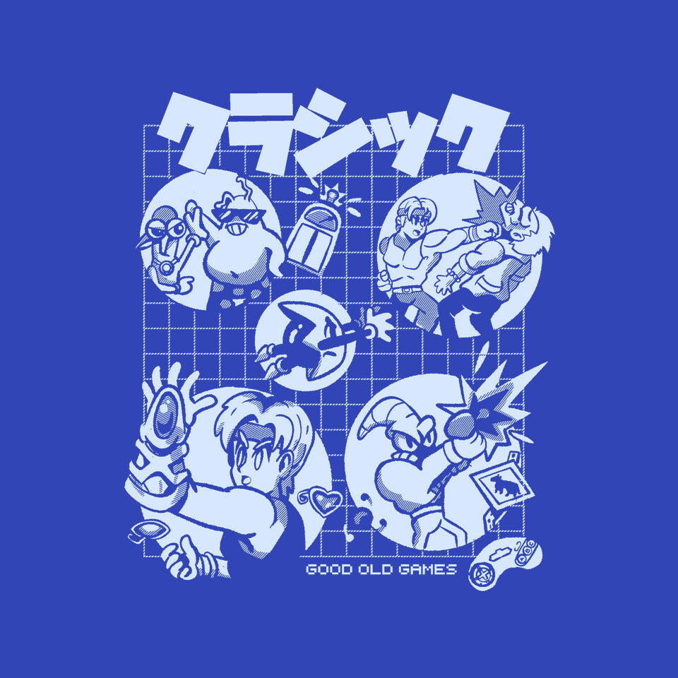 Good Old Games 02 – Gaming Graphic T-Shirt design artwork for royal blue graphic T-shirt