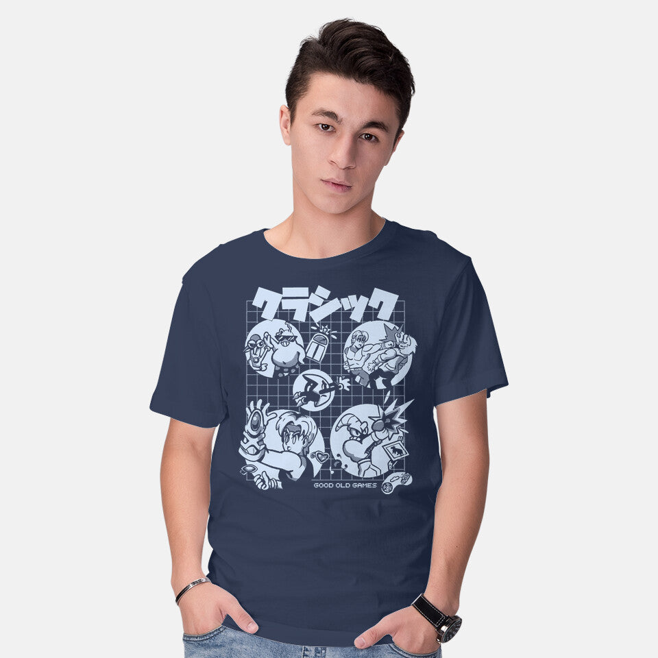Model wearing navy Good Old Games 02 – Gaming Graphic T-Shirt