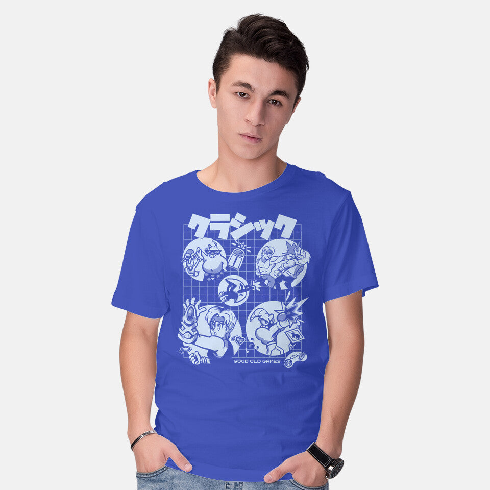 Model wearing royal blue Good Old Games 02 – Gaming Graphic T-Shirt