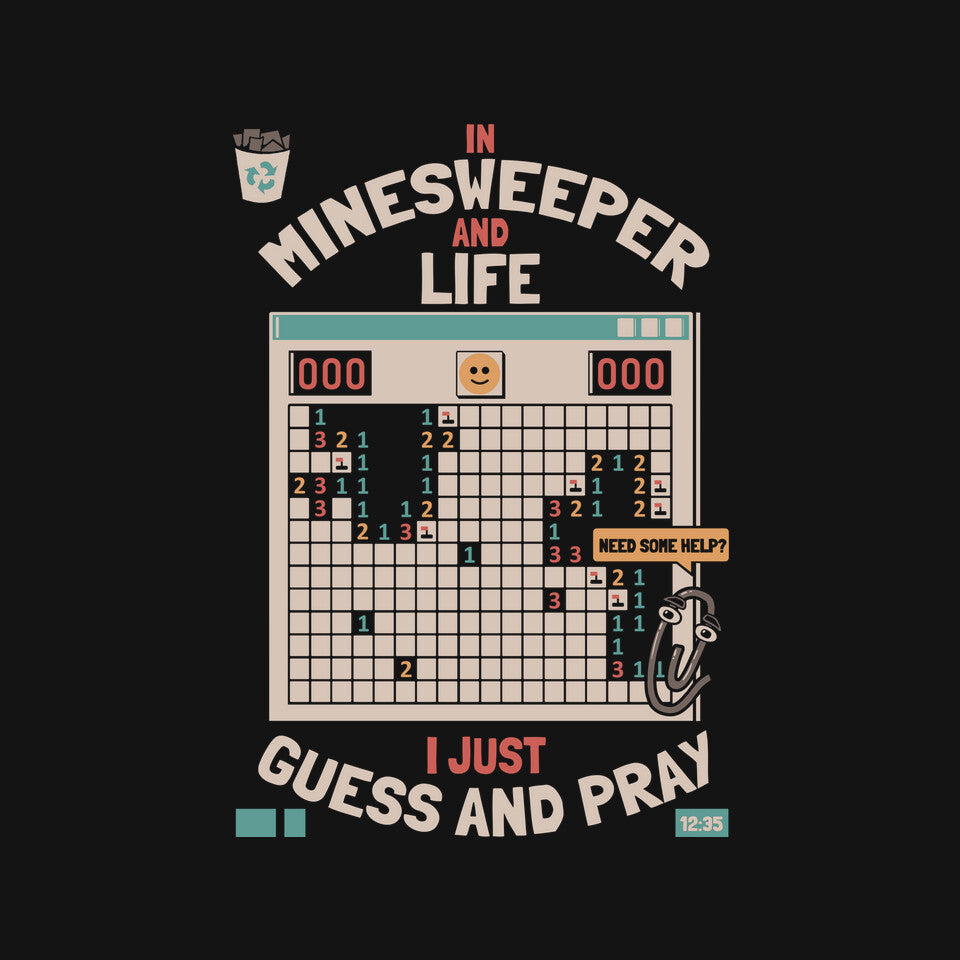 The Minesweeper Philosophy – Gaming Graphic T-Shirt design artwork for black graphic T-shirt