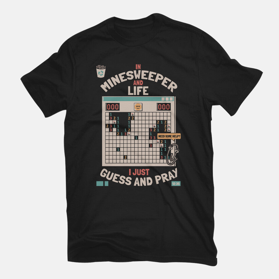 The Minesweeper Philosophy – Gaming Graphic T-Shirt in black, flat-lay product view