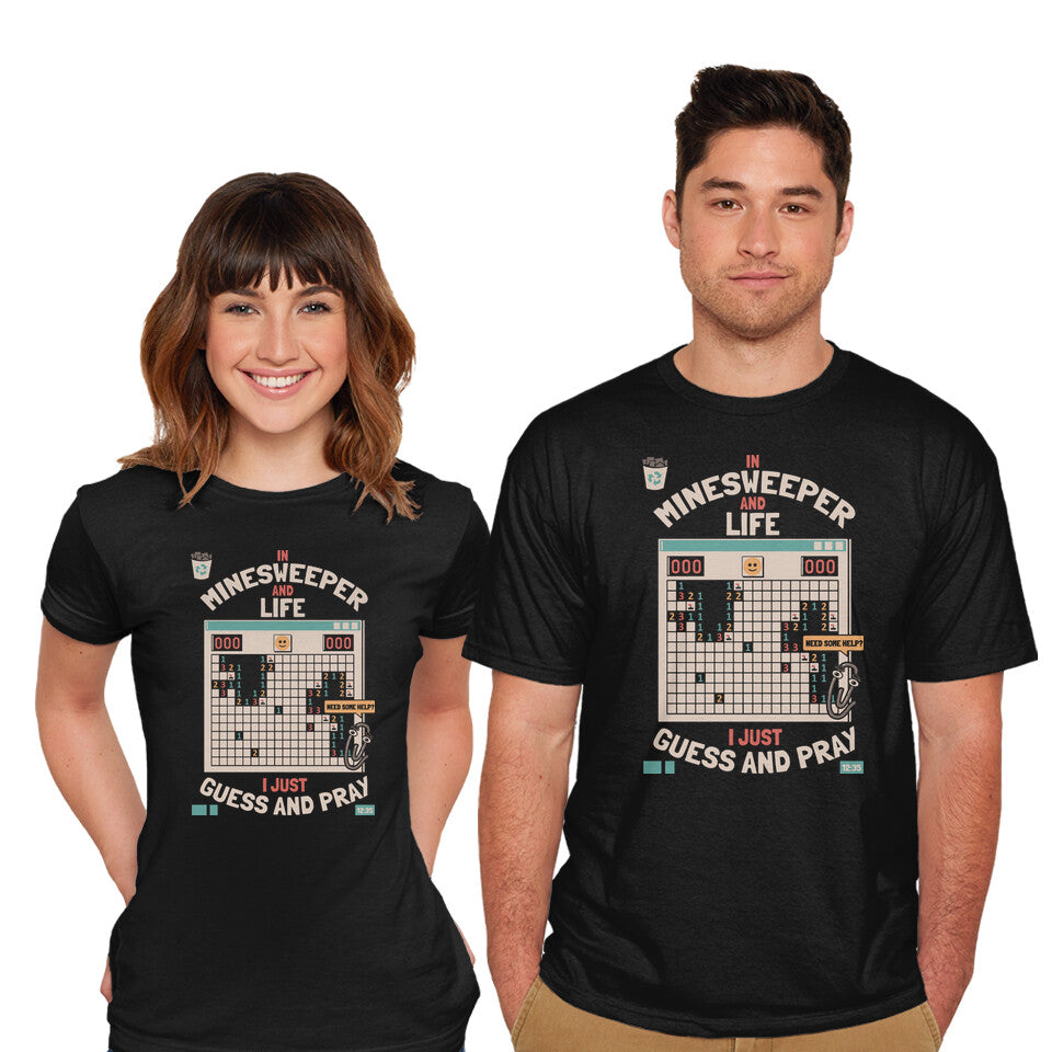Model wearing black The Minesweeper Philosophy – Gaming Graphic T-Shirt