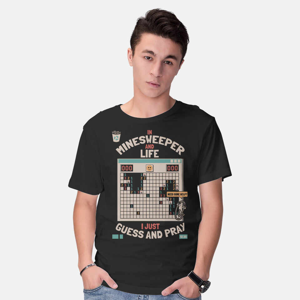 Model wearing black The Minesweeper Philosophy – Gaming Graphic T-Shirt