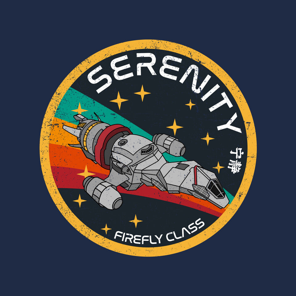 Serenity Firefly Class – Sci-Fi Graphic T-Shirt design artwork for navy graphic T-shirt