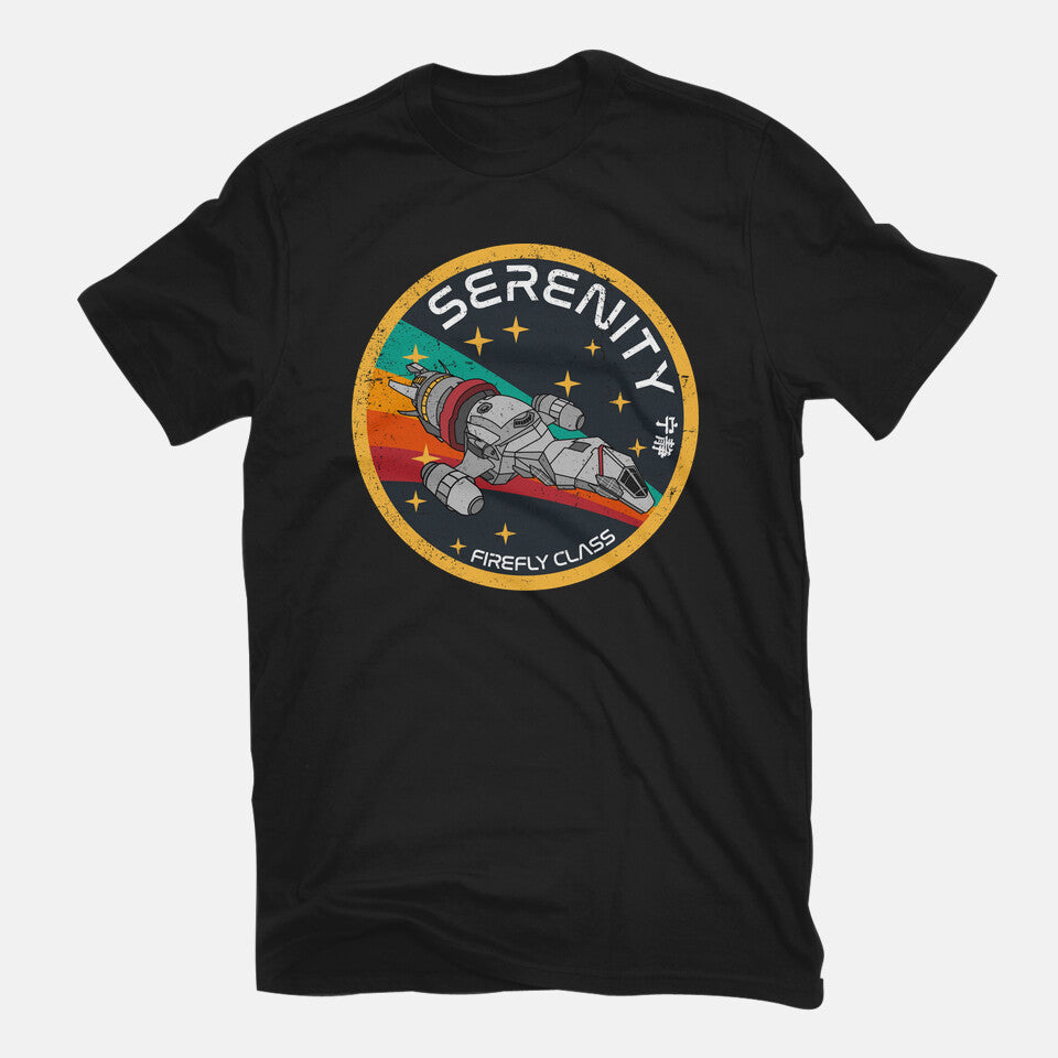 Serenity Firefly Class – Sci-Fi Graphic T-Shirt in black, flat-lay product view