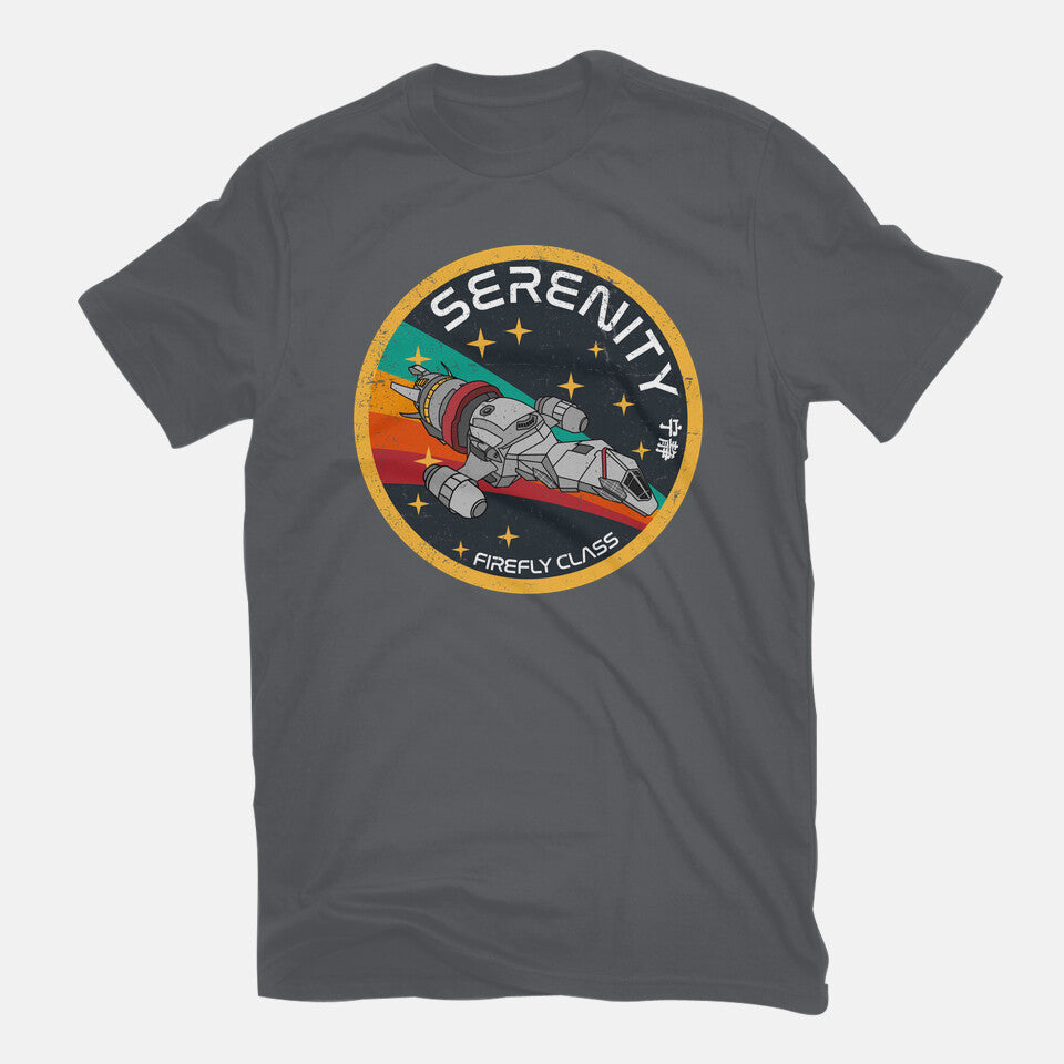Serenity Firefly Class – Sci-Fi Graphic T-Shirt in charcoal, flat-lay product view